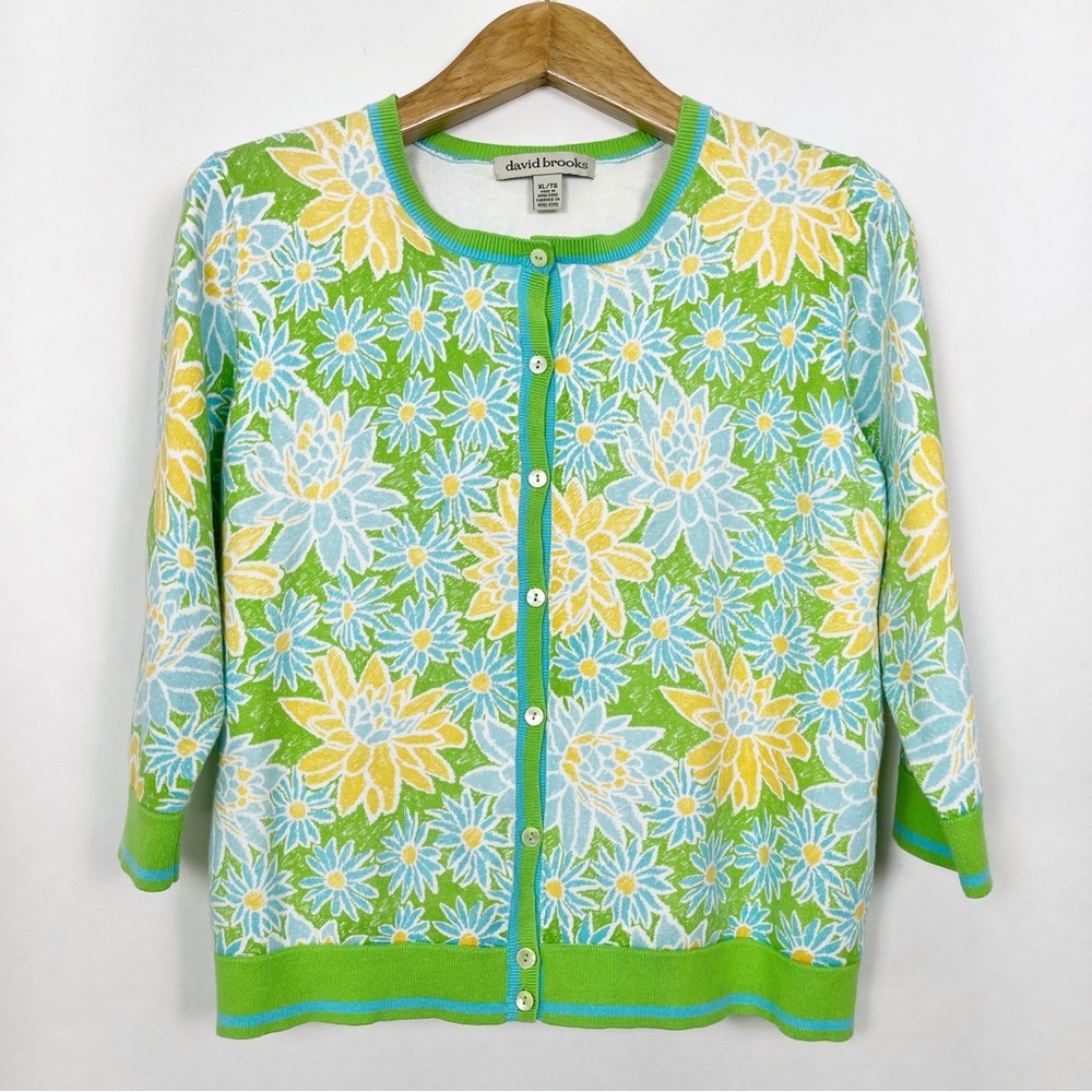 Vintage David Brooks 3/4 Sleeve Green Yellow Floral Cotton Cardigan Size XL